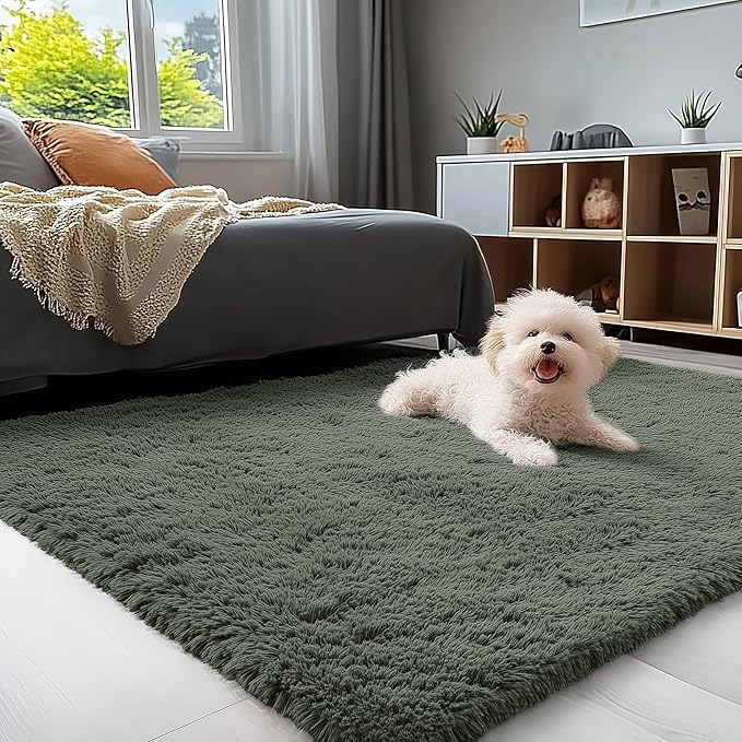 OLANLY 3x5 Machine Washable Small Bedside Rug, Soft Fluffy Shaggy Rugs for Living Room, Bedroom, Indoor Floor Carpet for Kids Girls and Boys, Preppy Dorms, Nursery, Home Decor Aesthetic, Olive Green