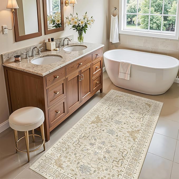 Madane Washable Area Rug 2x4, Small Entryway Rug Non-Slip Vintage Door Mat Indoor Entrance, Low Pile Floor Carpet Runner for Inside Front Door Kitchen Entry Laundry, Beige/Blue