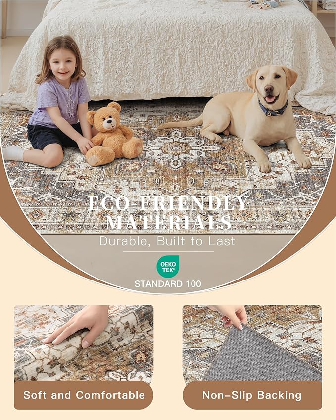 Madane 6x9 Area Rugs for Living Room, Stain Resistant Washable Rugs, Non-Slip Backing Area Rug, Vintage Home Decor Rug for Bedroom (Turmeric/Grey, 6'x9')