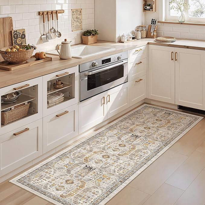 Madane Washable Runner Rug - 2x6 Rug Runners for Hallways 6 Feet Non Slip Vintage Kitchen Runner Rug Ultra-Thin Bathroom Runner Rugs Carpet Laundry Room Bedroom (2x6ft, Brown/Gold)