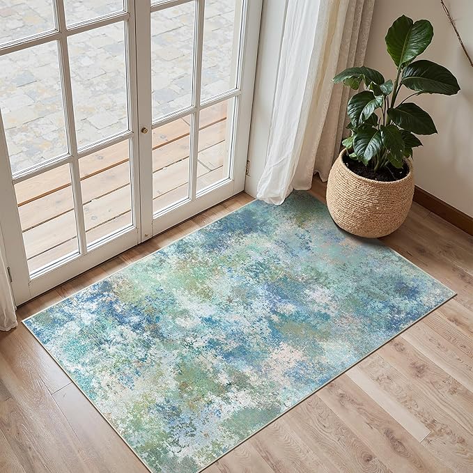 2x3 Rugs for Entryway Entrance Kitchen Bathroom, Machine Washable Rug Modern Abstract Soft Area Rug, Low Pile Indoor Floor Carpet with Non Slip Backing, Blue Green