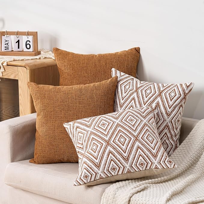 HPUK Decorative Throw Pillow Covers Set of 4 Geometric Design Linen Cushion Cover for Couch Sofa Living Room, 18"x18" inches, Golden Brown
