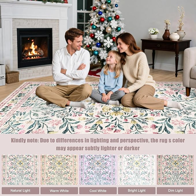 Round Area Rug for Living Room: 4 ft Floral Washable Circle Rug Soft Boho Non-Slip Carpet Indoor Stain Resistant Low Pile Small Circular Rug for Bedroom Entryway Kitchen Nursery Home Office Pink Green