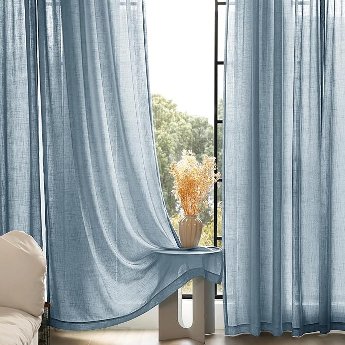 Dusty Blue Linen Curtains for Living Room Back Tab Light Filtering Semi Sheer Light Blue Bedroom Curtain Linen Cotton Textured Grey Blue Drapery Panel Airy Modern Farmhouse Aesthetic Decor 52x120 Long