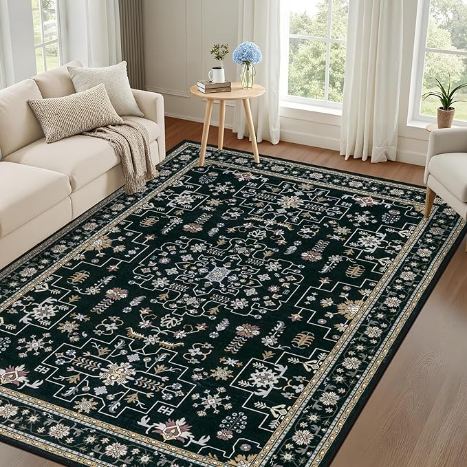 3x5 Area Rugs Living Room Rug: Washable Vintage Boho Medallion Rug No Slip Stain Resistant Soft Carpet Indoor Floor Large Carpets for Bedroom Dining Room Farmhouse Nursery Hallway Home Office Black