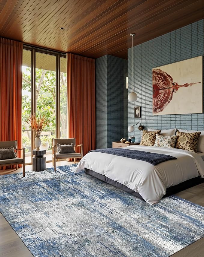 Latte&Fog 6x9 Area Rugs for Living Room Bedroom, Blue Modern Abstract Neutral Washable Rug, Boho Non Slip Low Pile Carpet for Dining Room, Dorm,College Dorm and Farmhouse -Blue Grey