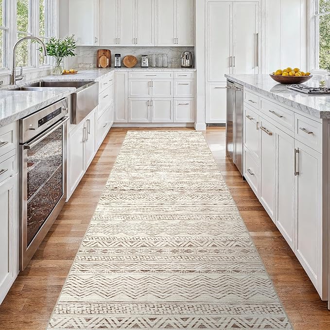 3x15 Washable Kitchen Runner Rug: Modern Moroccan Runners for Hallway Soft Non Slip Rugs with Rubber Backing Low Pile Thin Waterproof Floor Carpet for Entryway Bedroom Bathroom Indoor 3x15 Beige
