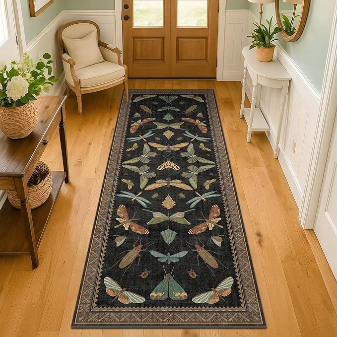 2x5 Black Washable Kitchen Runner Rugs Non Skid Washable - Gothic Runner Rug for Entryway, Kitchen, Insect Print Stain Resistant Indoor Décor
