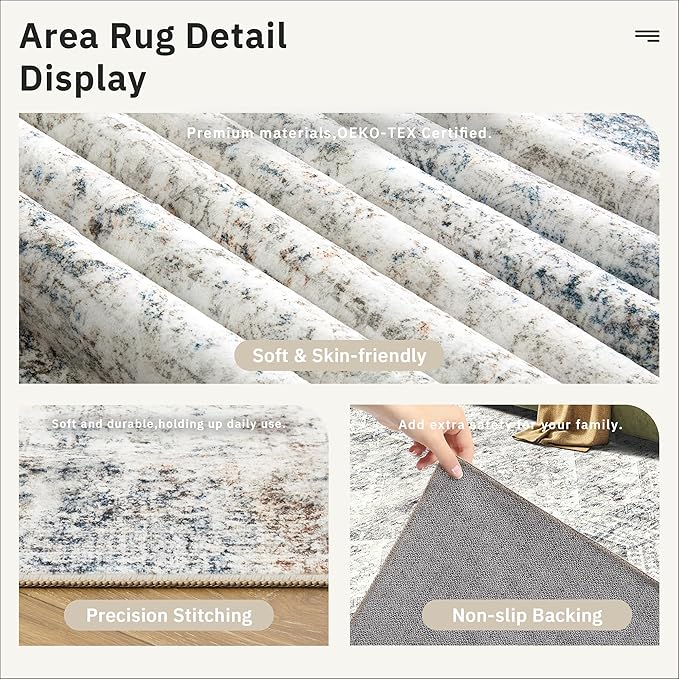Washable Area Rug 8x10, Large Soft Rugs for Living Room Vintage 8x10 Area Rugs for Bedroom Dining Room Non-Slip Stain Resistant Under Table Blue Ivory Rug