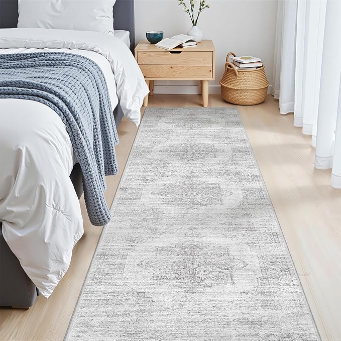 2x8 Runner Rug, Washable Runners for Hallways wirh Rubber Backing, Stain Resistant Kitchen Rug, Soft Thin Carpet Runner for Entrance, Bedroom, Living Room Indoor(2'x8', Light Grey/White)