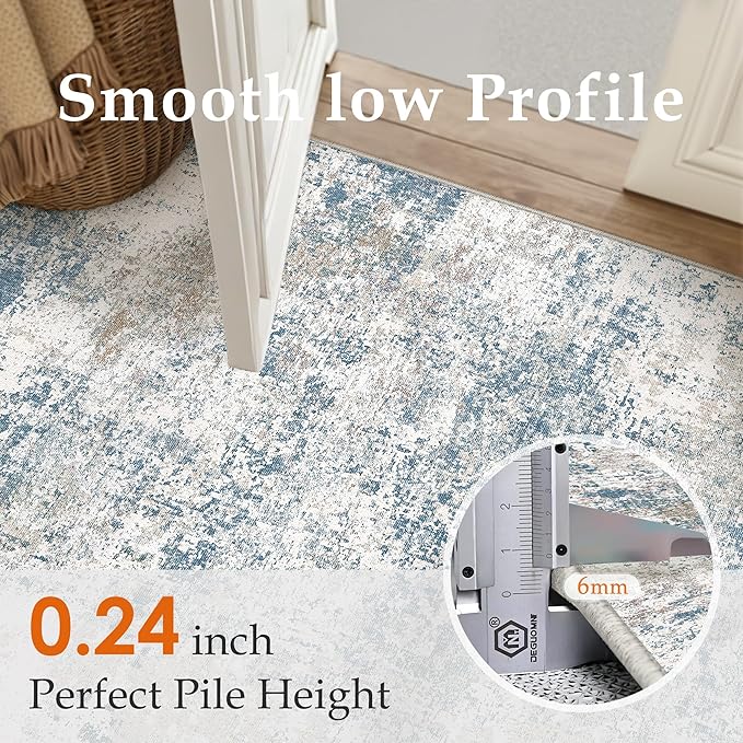 Blue 2x6 Runner Rug Washablel Abstract Hallway Carpet Modern Neutral Non Slip Soft Carpet Low Pile Contemporary Aesthetic Long Rug for Bathroom Laundry Kitchen Bedroom