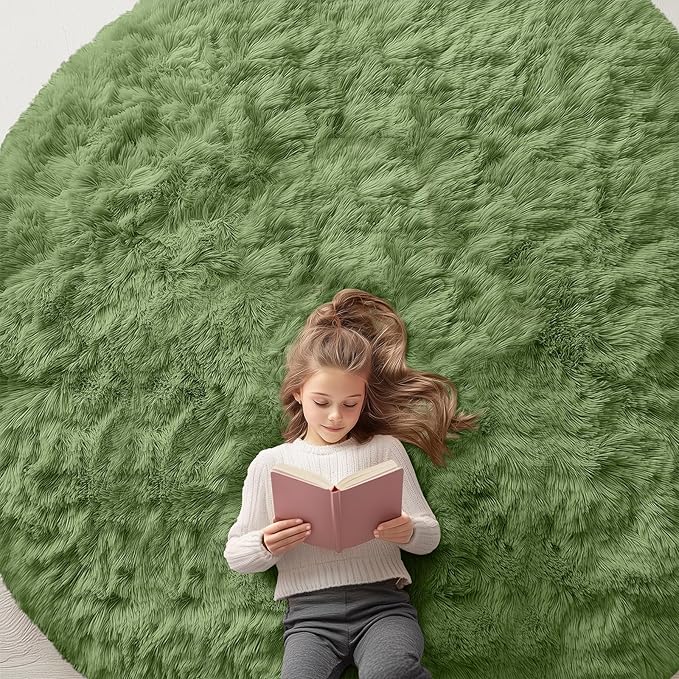OLANLY Green Round Rugs for Bedroom - Machine Washable, 8 ft Circle Area Rugs for Living Room, Soft and Fluffy Shaggy Carpet for Teen Girl and Boys, Nursery Rooms, Dorms, Home Decor Aesthetic