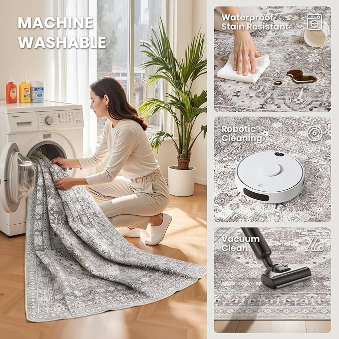 zesthome 2x3 Entryway Rug, Soft Washable Rugs, Non Slip Area Rug, Stain Resistant Low Pile Rugs for Bedroom, Vintage Rug for Door Mat, Kitchen (Brown/Beige,2'x3')