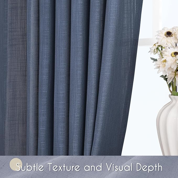 Navy Blue Curtains 102 inch Length for Bedroom Back Tab Light Filtering Semi Sheer Blue Living Room Curtains Linen Cotton Textured Indigo Blue Drapery Panel Modern Aesthetic Decor 42" Wx102" L