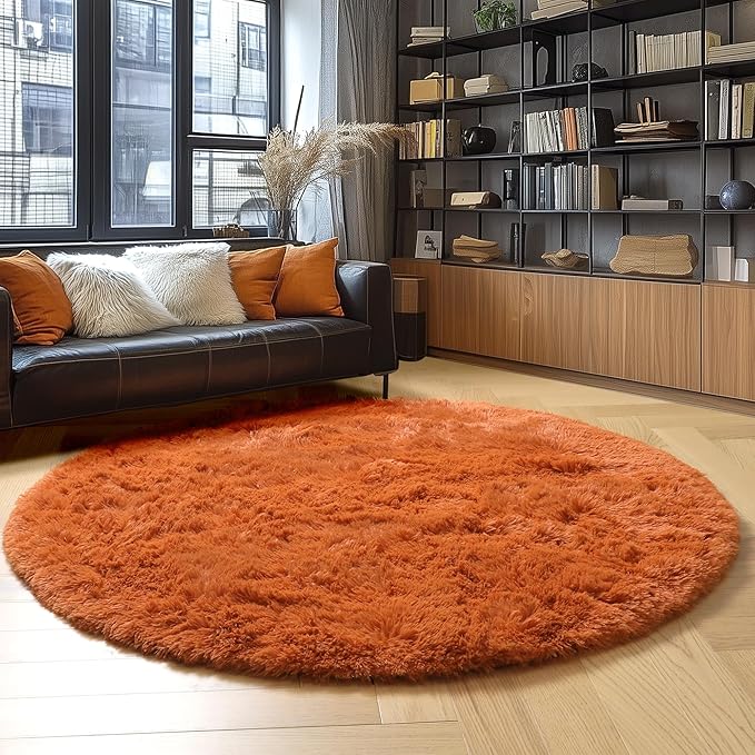 Amdrebio Burnt Orange Round Area Rug 5Ft for Bedroom Living Room, Fluffy Fuzzy Shaggy Furry Circle Rugs for Kids Room Decor Aesthetic, Cute Plush Shag Dark Orange Carpet for Nursery Dorm Classroom