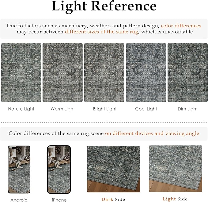 8x10 Washable Area Rug for Living Room Bedroom Vintage Black Grey Non Slip Carpet Traditional Retro Soft Low Pile Large Throw Rug for Dining Room Kitchen Office Indoor