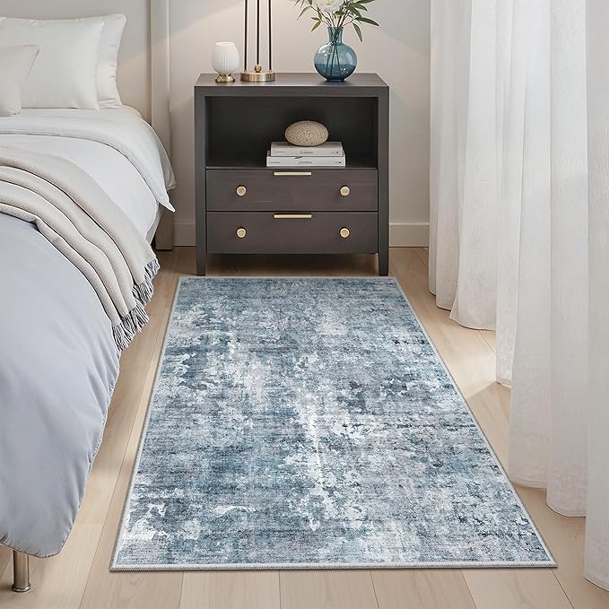 3x4 Rug, Small Area Rug for Kitchen, Entryway, Machine Washable Non-Slip Throw Rug, Vintage Carpet for Nursery Coffee Table Blue/Grey