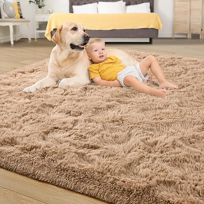 Tepook Super Soft Fluffy Rug for Bedroom, Modern Shaggy Fuzzy Kids Rugs for Living Room, Plush Indoor Nursery Home Decor Dorm Carpet with Non-Slip Bottom, Beige, 3 X 5 Feet