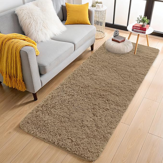 OLANLY 2x5 Machine Washable Runner Rugs for Hallway, Soft Fluffy Shaggy Bedside Rugs for Bedroom, Living Room, Indoor Floor Carpet for Kids Girls and Boys, Home Decor Aesthetic, Taupe