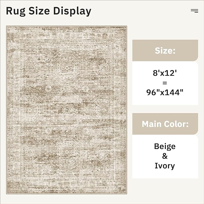Soalmost Washable Area Rug 8x12, Large Soft Rugs for Living Room Vintage Brown Carpet 8x12 Area Rugs for Bedroom Dining Room Non-Slip Stain Resistant Under Table Rug