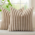 decorUhome Cozy Faux Fur Throw Pillow Covers 24x24 Set of 2 Decorative Soft Plush Striped Modern Farmhouse Boho Couch Euro Sham Pillow Cases with Velvet Back for Sofa Bed Living Room, Khaki Brown
