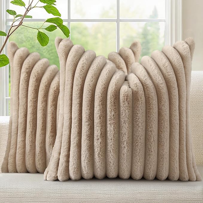 decorUhome Cozy Faux Fur Throw Pillow Covers 26x26 Set of 2 Decorative Soft Plush Striped Modern Farmhouse Boho Couch Euro Sham Pillow Cases with Velvet Back for Sofa Bed Living Room, Khaki Brown