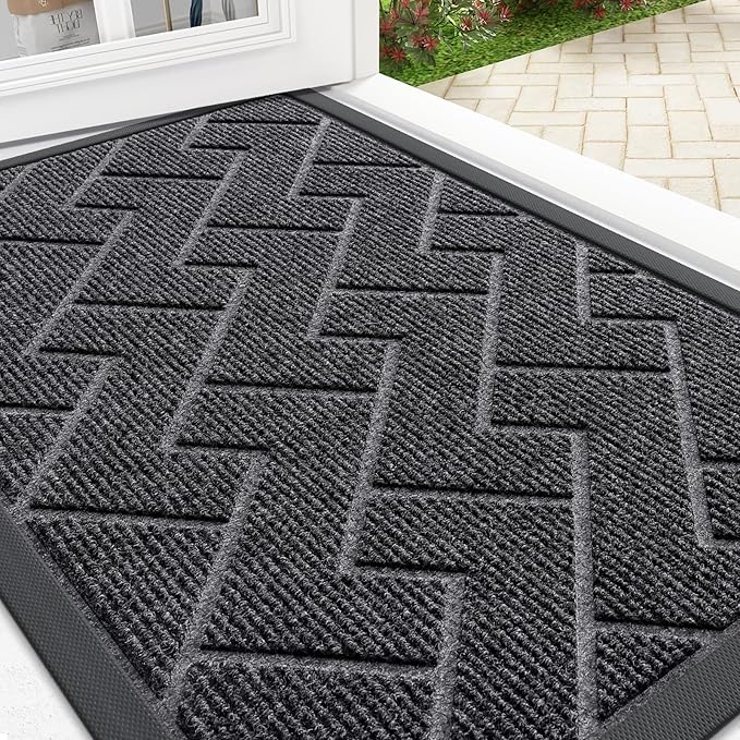 OLANLY Front Door Mat Indoor Outdoor Entrance, Waterproof All-Season, All-Weather Doormat, Sturdy Natural Rubber, Low Profile, Easy Clean Patio Porch Entryway Mat, Herringbone Brick (Grey, 29.5x17)