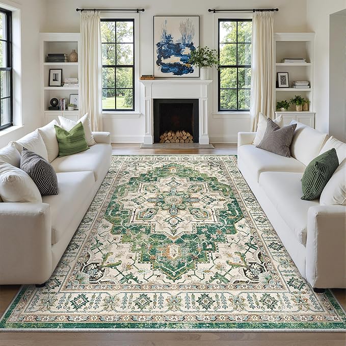 zesthome 9x12 Area Rugs,Stain Resistant Washable Rug,Ultra-Thin Rugs for Living Room,Bedroom,Non-Slip Backing Home Decor Large Area Rug (Green,9'x12')