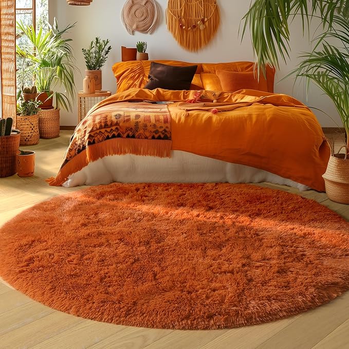 Amdrebio Burnt Orange Round Rugs 6Ft for Living Room Decor, Shaggy Plush Fuzzy Furry Circle Area Rugs for Bedroom Kids Room Aesthetic, Large Fluffy Shag Dark Orange Carpet for Nursery Dorm Classroom