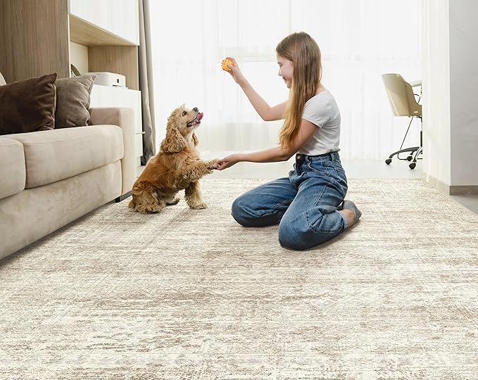 UERMEI 5x7 Area Rug Living Room Rugs - Washable Neutral Modern Abstract Soft Thin Rug Indoor Floor No Slip Rug Carpet for Bedroom Under Dining Table Home Office Decor - Beige/Brown