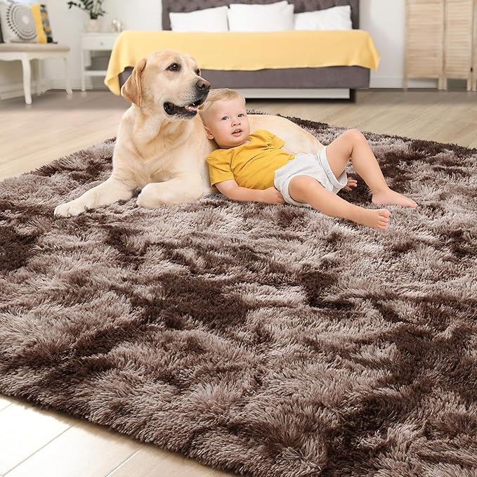 Tepook Fluffy Large Rugs for Living Room, Area Rug 6x9 Soft Carpet for Bedroom, Modern Shaggy Rug for Kids Boys Girls, Plush Indoor Nursery Home Decor Rug with Non-Slip Bottom, Tie-Dyed Coffee