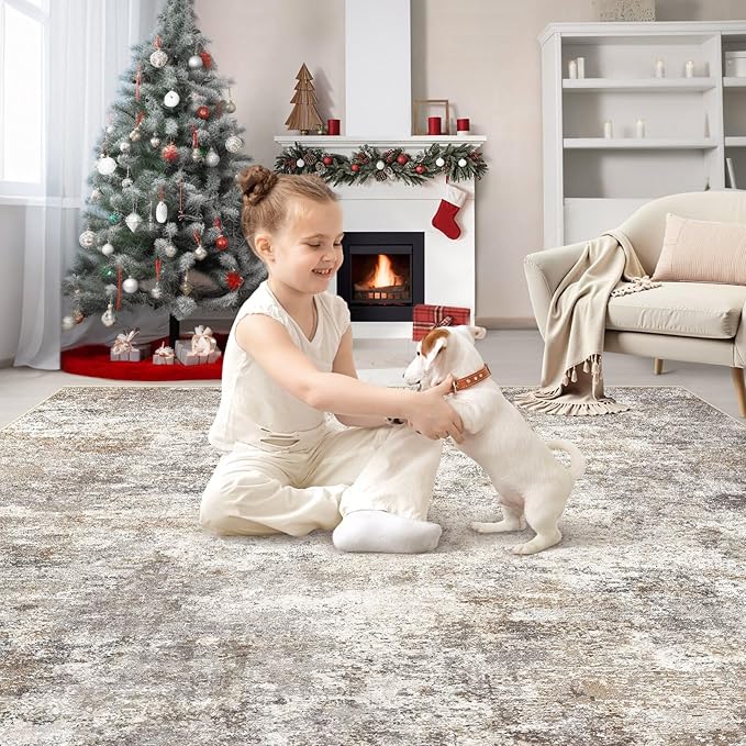UERMEI Square Area Rugs : Washable 8x8 Neutral Modern Abstract Carpet for Living Room Bedroom - Soft Floor Mat with Non Slip Backing for Kitchen Nursery Dorms Farmhouse Home Decor - Brown Grey