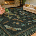 Hazo Haus 7x9 Insect Dark Green Rugs for Living Room, Boho & Forest Design Area Rug for Dining Room Under Table, Bedroom, Unique Washable Floral Non Slip Low Pile Soft Rug