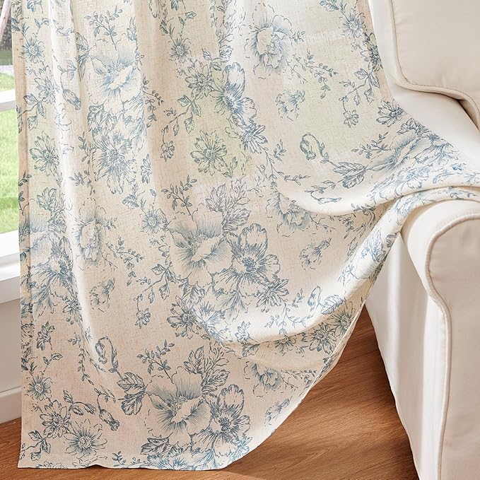 jinchan Linen Blend Curtain Floral Curtains for Living Room 84 Inch Length Blue Printed Curtain Rod Pocket Back Tab Farmhouse Peony Flower Patterned Drapes Bedroom Window Curtains Set 2 Panels