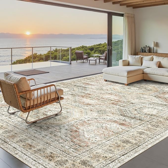 9x12 Area Rugs for Living Room, Non Slip Machine Washable Vintage Rugs, Low Pile Lightweight Large Rug for Bedroom, Dining Room, Home Office Brown Pink