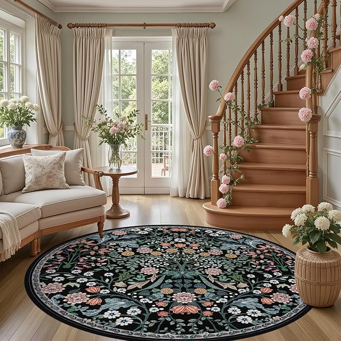 Round Area Rug for Living Room: 6 ft Floral Washable Circle Rug Soft Boho Non-Slip Carpet Indoor Stain Resistant Low Pile Small Circular Rug for Bedroom Entryway Kitchen Nursery Home Office Dark Black