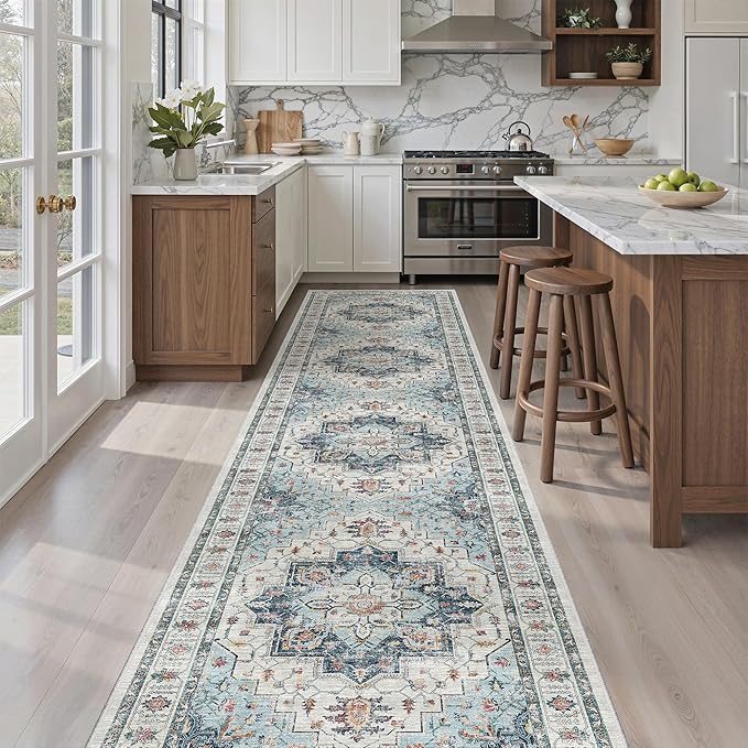 Madane Hallway Runner Rug 2'6''x12' Kitchen Runner, Non Slip Vintage Runners for Hallways Washable Kitchen Rugs Soft Low Pile 2.5x12 ft Rug Runner for Laundry Room, Entryway and Bedroom, Blue