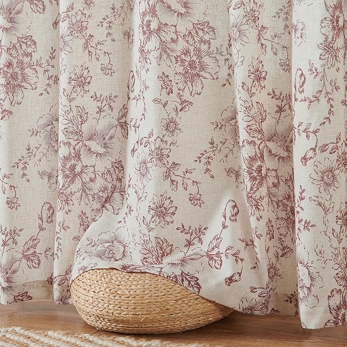 jinchan Linen Blend Curtain Floral Curtains for Living Room 63 Inch Length Farmhouse Brick Red Printed Curtain Rod Pocket Back Tab Peony Flower Patterned Drapes Curtains Set 2 Panels