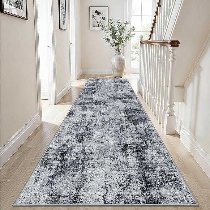 3x10 Washable Runner Rug for Hallway: Non Slip Runners Rugs Easy-to-Clean - Soft Living Room Bedroom Kitchen Carpet - Thin Low Pile Printed Floor Mat for Dining Room Black Grey