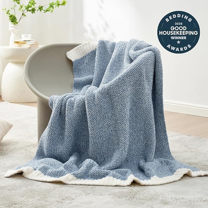 Snuggle Sac Queen Size Bed Blanket Heather Blue, Reversible Super Soft Microfiber Blankets Warm Cozy Knit Fuzzy Plush Bed Blankets, Blue, Queen 90x90