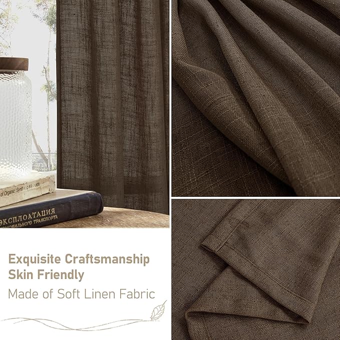 LAMIT Dark Brown Linen Curtains for Bedroom, 72 Inch Length Light Filtering Semi Sheer Panels Back Tab and Rod Pocket Neutral Drapes for Living Room, 2 Panels, 34 x 72 Inch