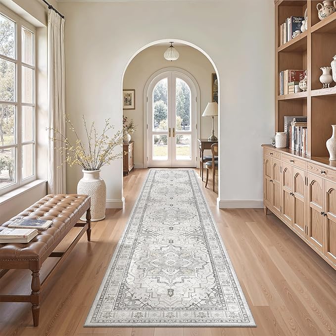 Madane Runner Rugs for Hallway 2x10 Long Washable Non-Slip Hallway Runner Rug Low-Pile Stair Kitchen Runner Soft Throw Carpet for Entrance Living Dining Laundry Room (Grey, 2 x 10)