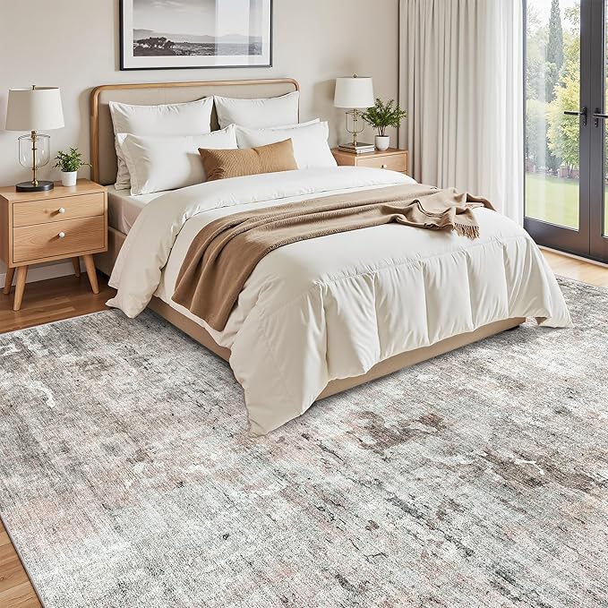 Abstract Rug 8x10 Large Living Room Rugs Neutral Modern Washable Area Rugs for Bedroom Dining Room Non-Slip Stain Resistant Foldable Thin Rug Grey Pink