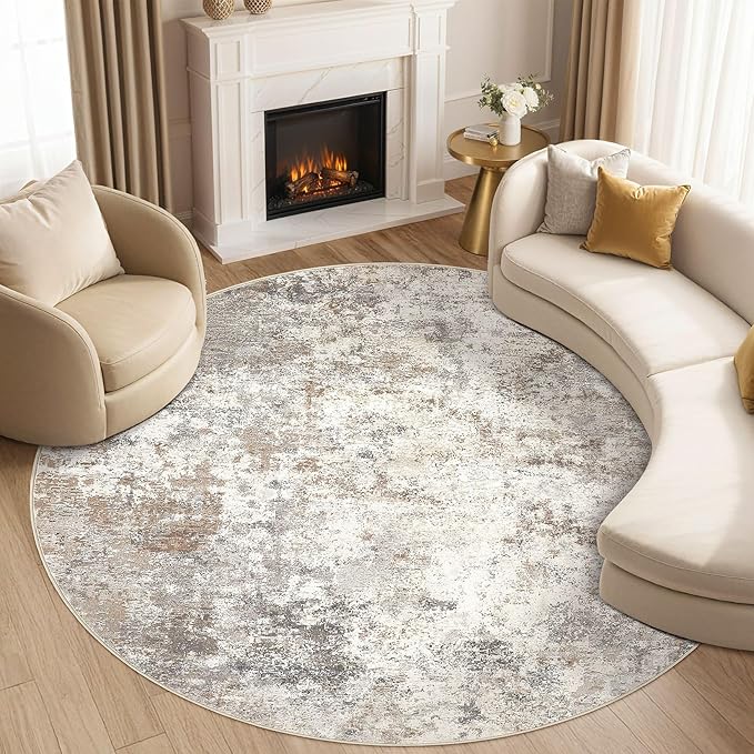 UERMEI 6ft Round Area Rug Living Room Rugs - 6x6 Washable Neutral Modern Abstract Soft Thin Rug Indoor Floor No Slip Rug Carpet for Bedroom Under Dining Table Home Office Decor - Brown Grey