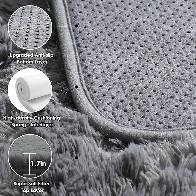 ONASAR Grey Area Rugs 9x12 Living Room, Gray Large Fluffy Shag Bedroom Rug, Soft Plush Thick Shaggy Big Floor Carpet for Kids Boy and Girls Teen Dorm Nursery Indoor Home Decor Aesthetic