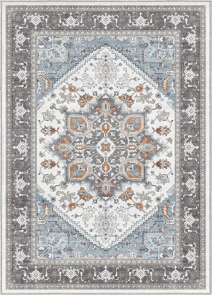 OPPODREAM Soft Area Rugs 5x7, 5x7 Washable Rug with Non Slip Backing, 5 x 7 Faux Cashmere Low-Pile Carpet, Grey & Teal & Yellow