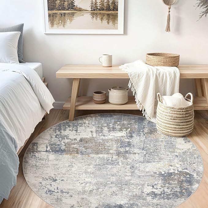 UERMEI 5ft Round Area Rug Living Room Rugs - 5x5 Washable Neutral Modern Abstract Soft Thin Rug Indoor Floor No Slip Rug Carpet for Bedroom Under Dining Table Home Office Decor - Blue Grey