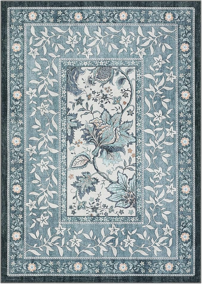 GarveeHome Provence 5x7 Area Rugs, Botanical Grove Vintage Cottagecore Non-Slip Washable Rug for Bedroom Living Room Nursery Kitchen Low-Pile Carpet Retro Blue