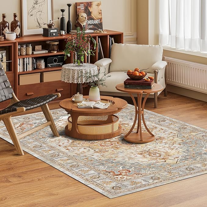 Washable Area Rug 5' x 7' Vintage Traditional Persian Mat - Foldable Distressed Non-Slip Machine Washable Carpet for Living Room Bedroom Kitchen Home Decor - Dove Gray and Coral