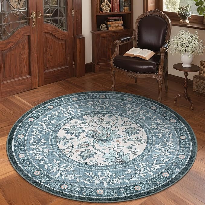 GarveeHome Misty Blue Botanical Grove 6ft Round Rug, Small Circle Vintage Cottagecore Soft Low-Pile Non-Slip Washable Rugs for Living Room Bedroom Nursery Kitchen Retro Carpet